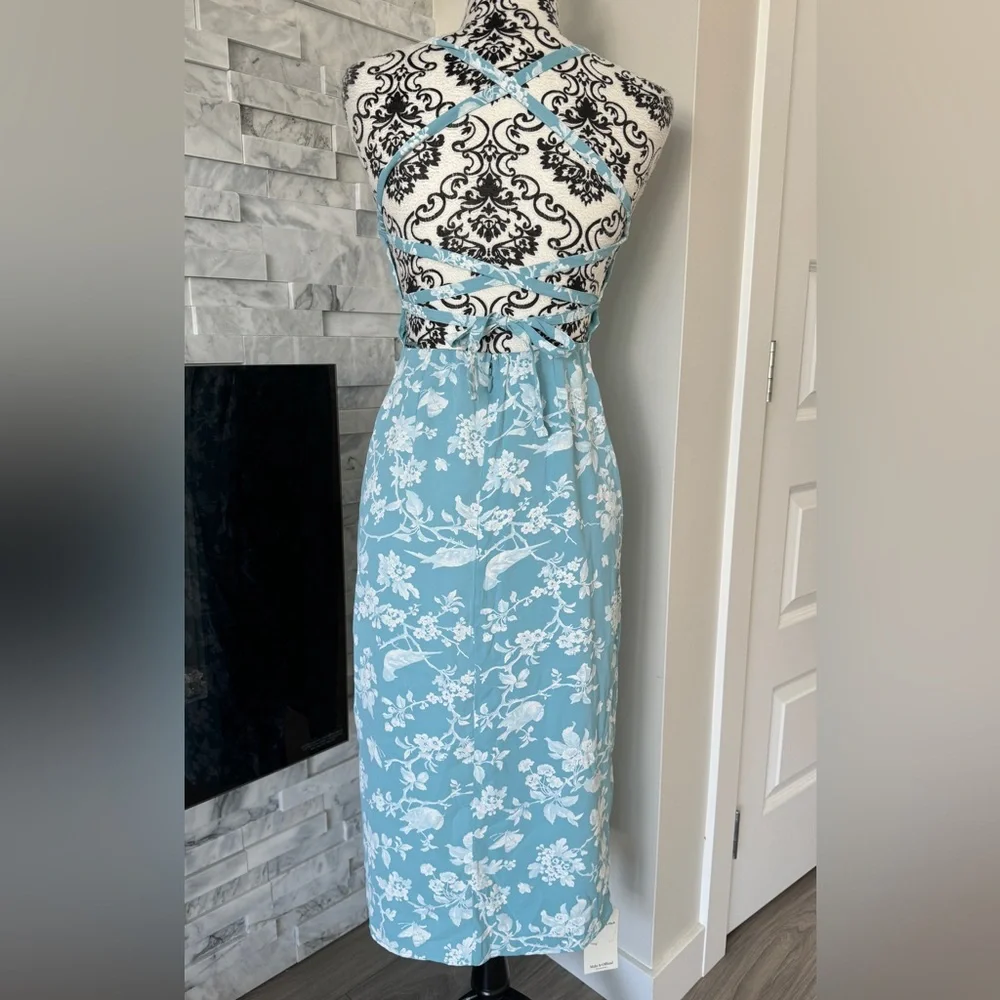Abercrombie & Fitch Floral Midi Sundress Criss Cross Tie Back High Slit Blue XS - Picture 6 of 10